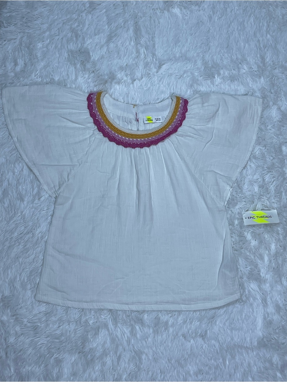 Epic Threads White Flutter-Sleeve Top with Pink and Mustard Neck Trim size 10/12
